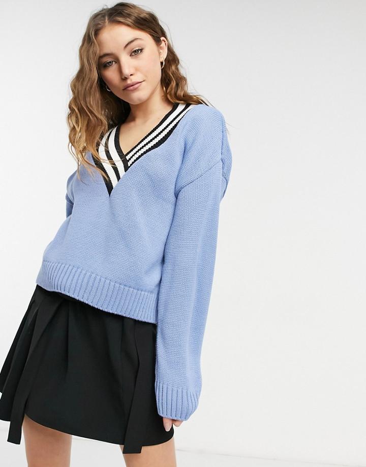 Asos Design V Neck Sweater With Tipping Detail In Blue-purple