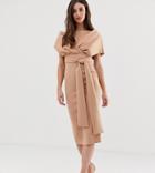 Asos Design Tall Fallen Shoulder Midi Pencil Dress With Tie Detail