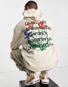 Asos Design Oversized Hoodie In Beige With Text And Floral Back Print-neutral