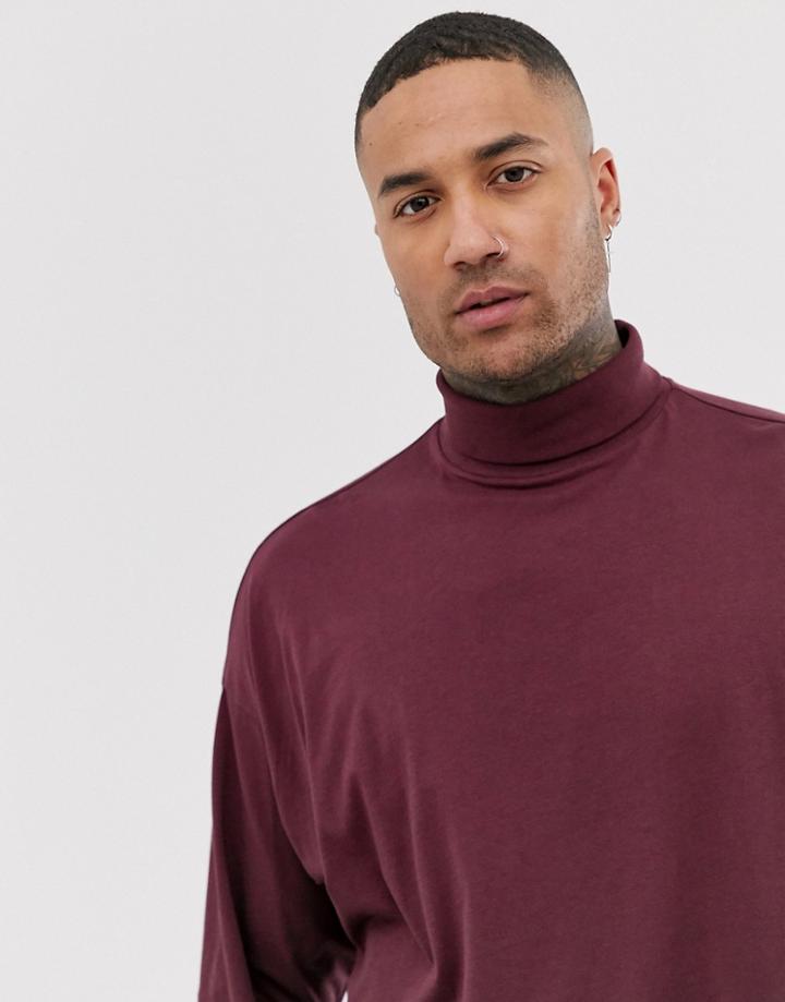 Asos Design Oversized Long Sleeve T-shirt With Roll Neck In Burgundy
