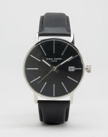 Simon Carter Black Leather Watch With Black Dial - Black