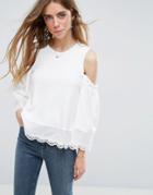 Asos Top With Cold Shoulder In Ponte With Broderie Shirting Trim - White