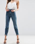 Asos Farleigh High Waist Slim Mom Jeans In Bea London Blue Wash With Arched Raw Hem - Blue