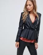 Asos Design Peplum Leather Look Blazer With Pleat Detail-black