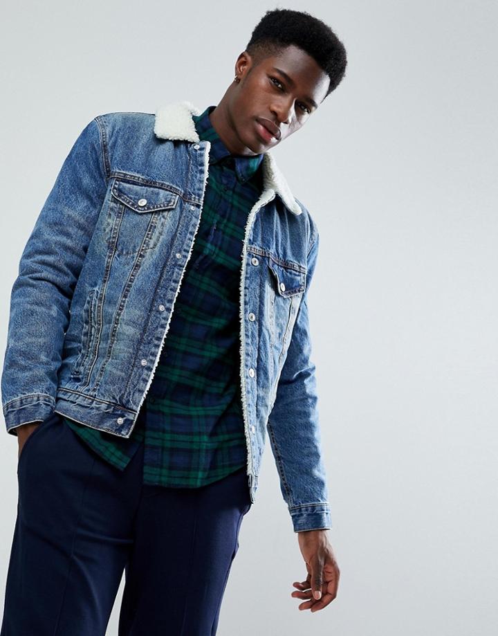 Stradivarius Denim Jacket With Fleece Lining In Mid Wash - Blue