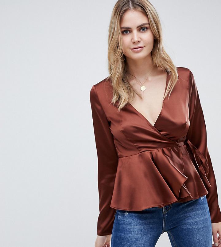 Asos Design Tall Wrap Top In Satin With Pephem - Brown