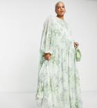 Asos Edition Curve Shirred Front Maxi Dress With Floral Print In White-green