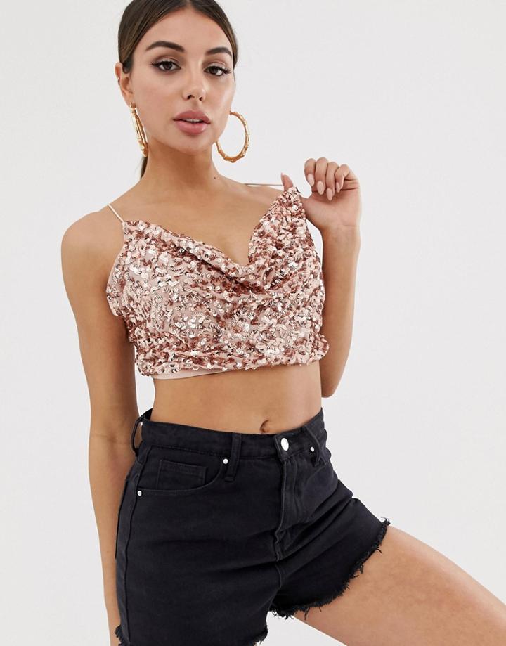 Asos Design Sequin Cowl Neck Cami - Pink