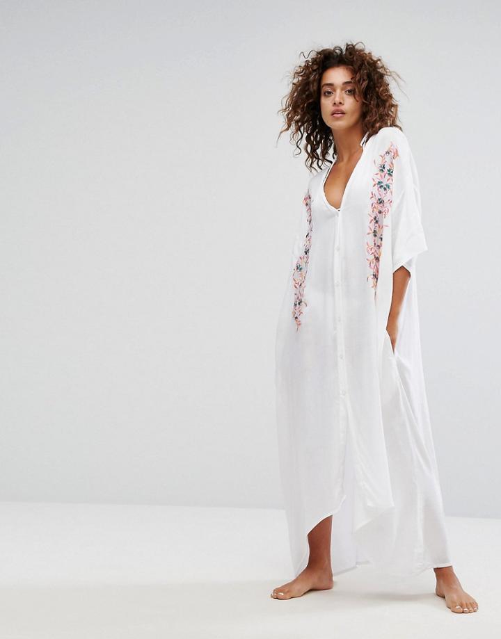 Anmol Floral Embroidered Beach Caftan - White
