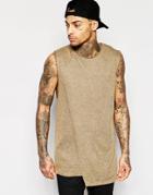 Asos Longline Sleeveless T-shirt With Dropped Armhole And Double Layer Raw Edge - Khaki Brown
