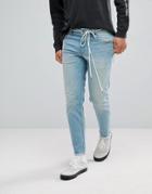 Asos Stretch Slim Jeans In Light Wash With Raw Hem And Lace Belt - Blue