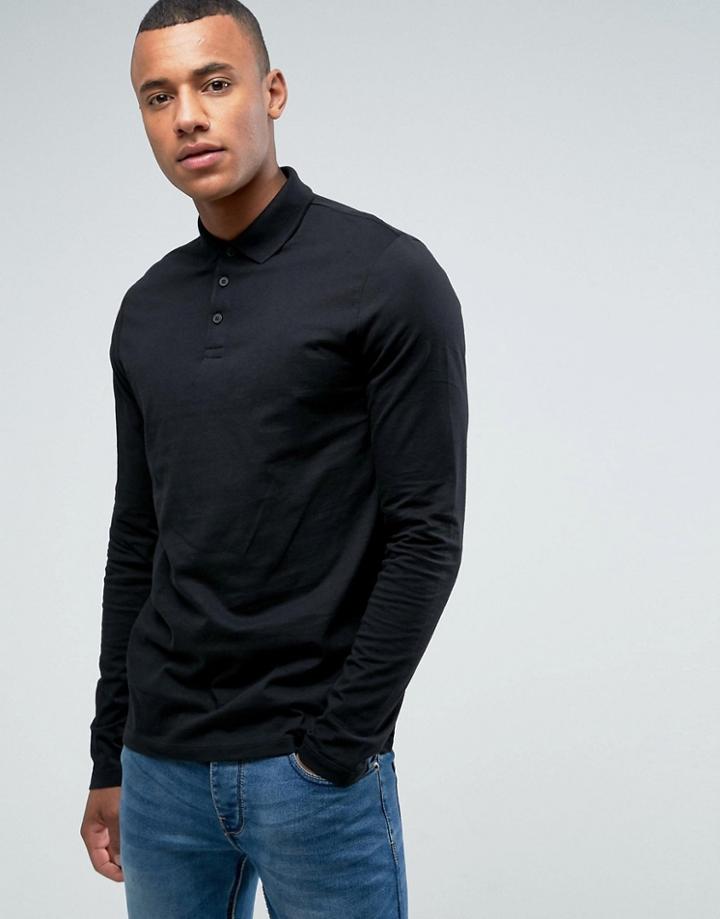 Asos Design Long Sleeve Jersey Polo In Black - Black