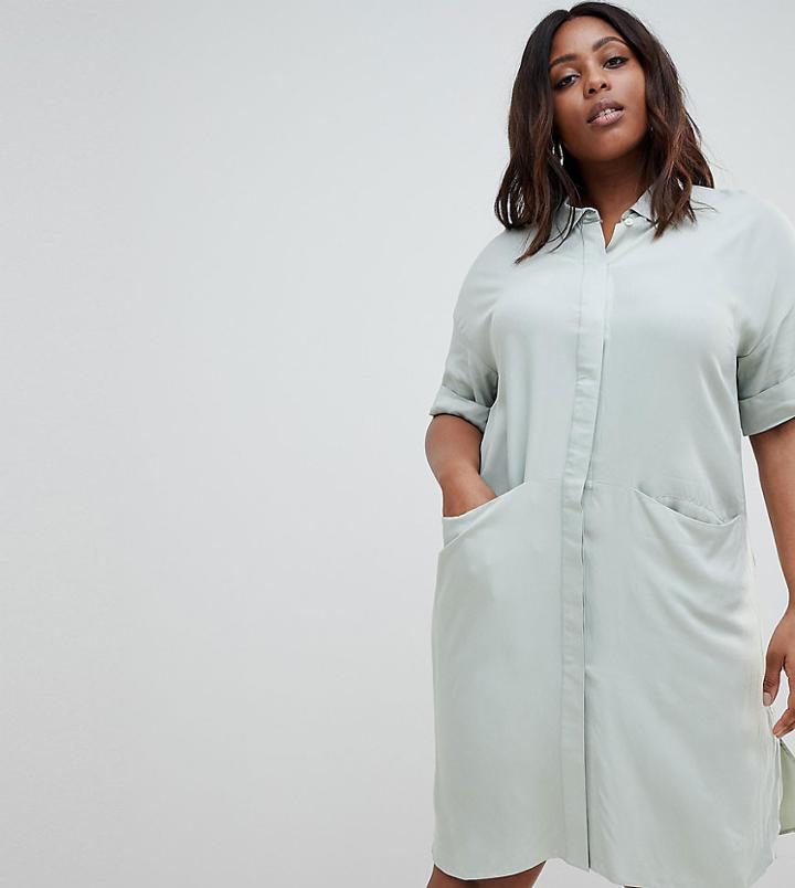 Asos Design Curve Short Sleeve Shirt Dress With Drape Pockets - Blue