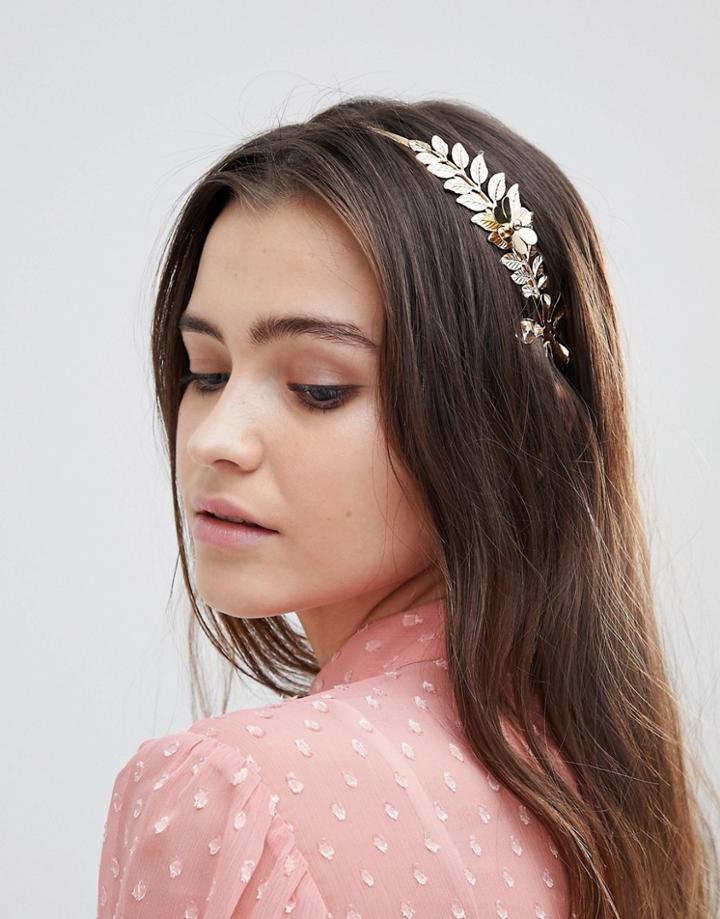 Asos Design Floral Leaf Side Headband - Gold