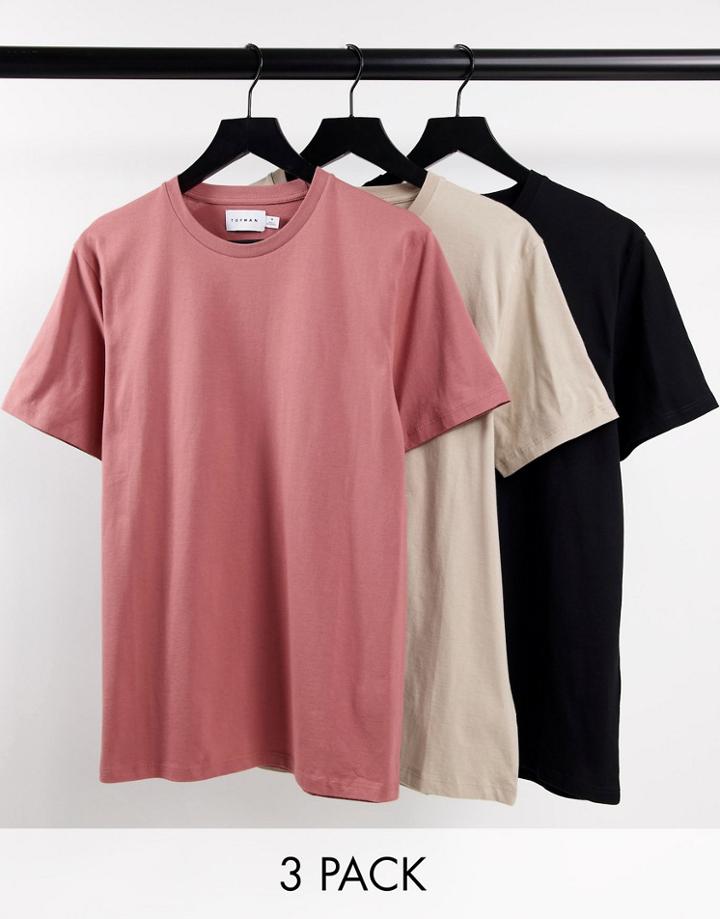 Topman 3 Pack Organic Cotton Classic T-shirts Black, Burgundy And Stone-multi