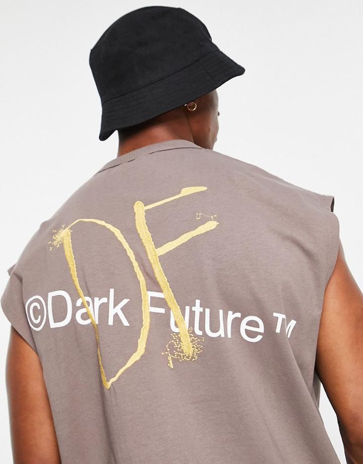Asos Dark Future Oversized Tank Top With Front And Back Logo Graphic Prints In Gray