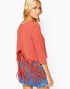 Fashion Union Crepe Wrap Back Top With Fringe Detail - Rust