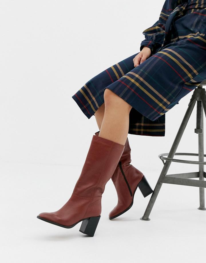 Asos Design Clara Square Toe Knee Boots In Leather - Brown