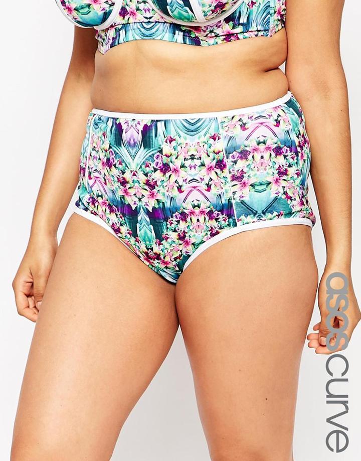 Asos Curve Highwaist Bikini Bottom With Contrast And Support In Jewel Print - Print