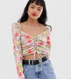 Asos Design Petite Puff Sleeve Top With Lace Up Front In Floral Print - Multi