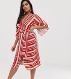 Boohoo Plus Exclusive Tie Side Midi Dress In Red Stripe - Multi