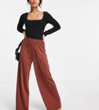 Asos Design Petite Elasticized Waist Satin Wide Leg Pant In Chocolate-brown