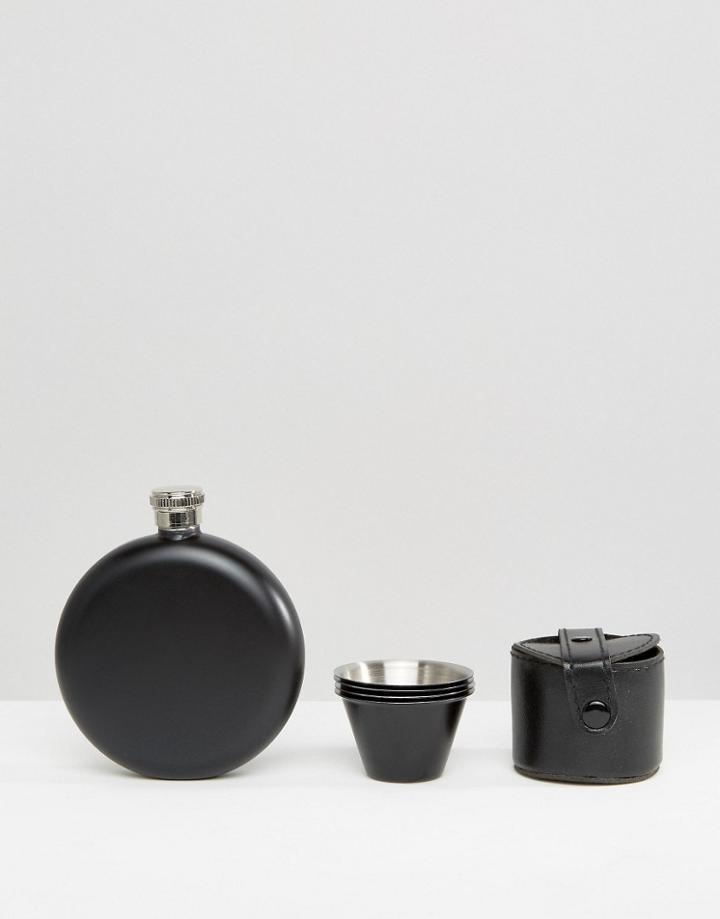 Hip Flask & Shot Glasses Set In Black - Black