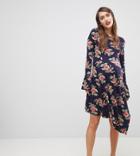 Asos Maternity Mini Dress With Hanky Hem And Frill Cuff In Spot Floral Print-multi