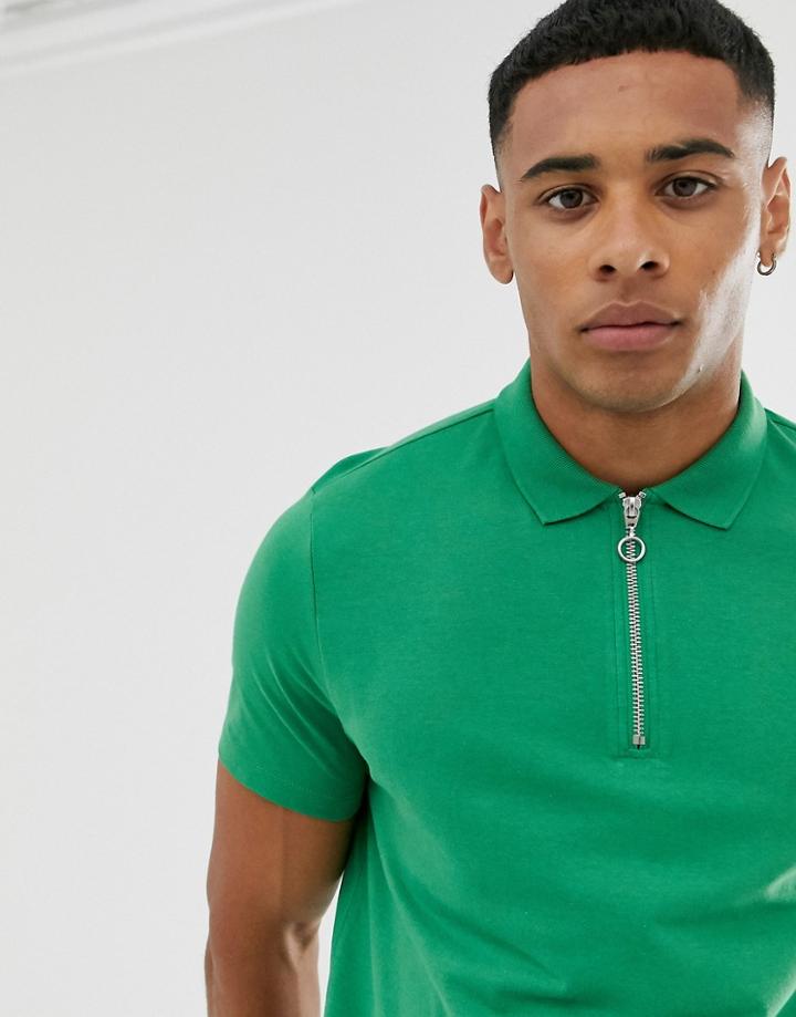 Asos Design Organic Polo Shirt With Zip Neck In Green