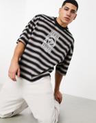 Asos Design Oversized Horizontal Stripe T-shirt With Front Print In Brown, Black, And Gray-multi