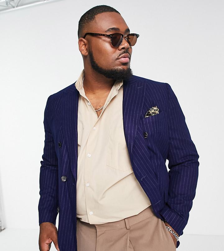 Harry Brown Plus Pinstripe Slim Fit Double Breasted Suit Jacket-navy