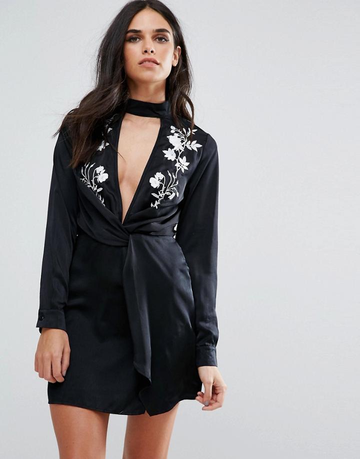 Missguided Black Silky Choker Detail Embroidered Dress - Black