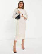 Asos Design Long Sleeved Halter Ruched Midi Dress In Stone-white