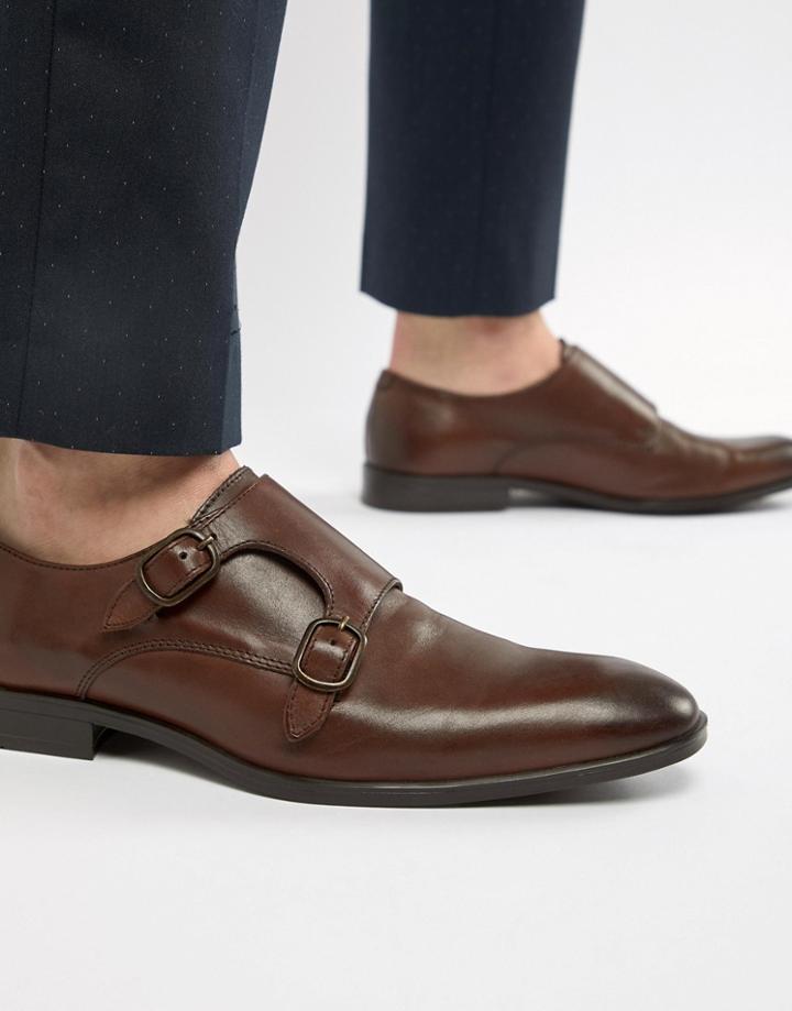 Asos Design Monk Shoes In Brown Leather