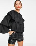 River Island Long Sleeved Ruffle Layered Blouse In Black