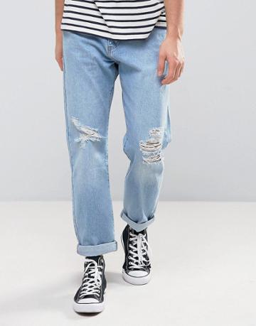 Zeffer Skater Fit Jeans In Light Indigo Bleach Wash - Blue