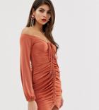 Asos Design Ruched Slinky Off Shoulder Bodycon Mini Dress With Tie - Brown