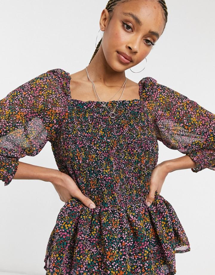 Only Top With Shirred Bodice Top And Square Neck In Bright Floral-multi