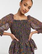 Only Top With Shirred Bodice Top And Square Neck In Bright Floral-multi