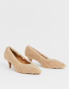 Asos Design Sensation Kitten Heel Pumps In Teddy Fleece - Beige