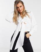 Outrageous Fortune Tie-front Shirred Detail Volume Sleeve Crop Top In White