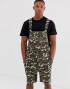 Asos Design Slim Short Overalls In Camo Print - Green