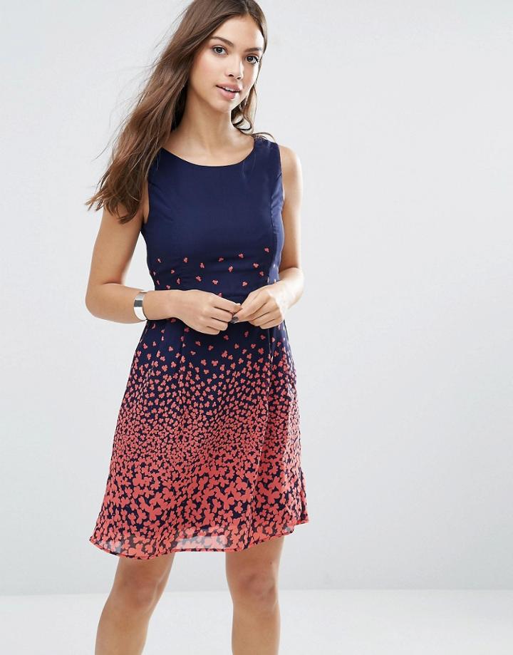 Yumi Skater Dress In Romantic Print - Navy