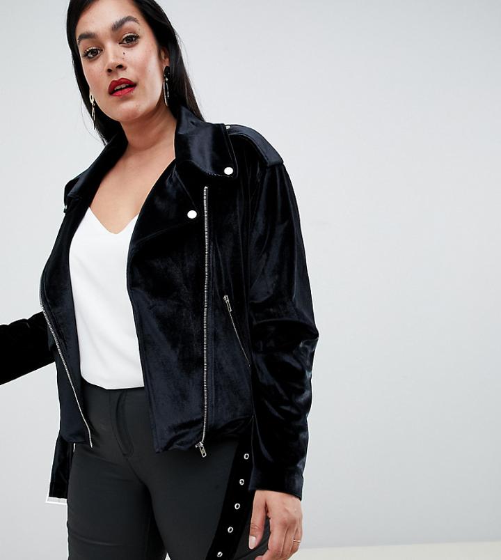 Missguided Plus Velvet Biker Jacket In Black - Black