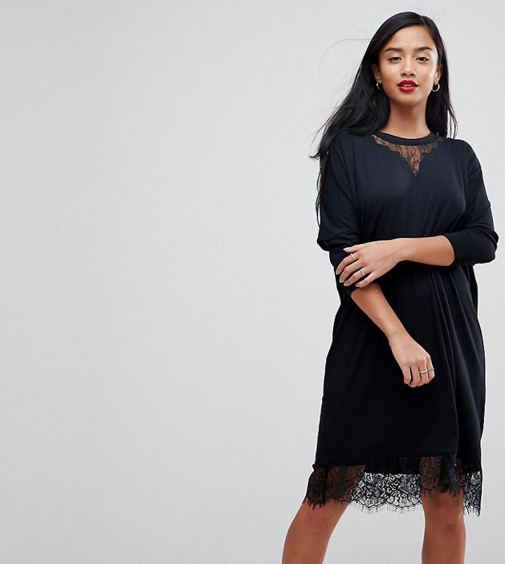 Asos Petite Oversize T-shirt Dress With Batwing Sleeve And Lace Inserts - Black