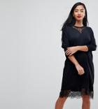 Asos Petite Oversize T-shirt Dress With Batwing Sleeve And Lace Inserts - Black
