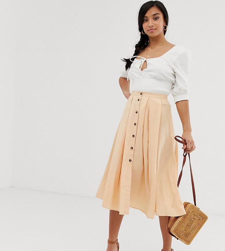 Asos Design Petite Button Front Floaty Midi Skirt With Pleats - Orange