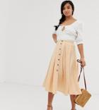 Asos Design Petite Button Front Floaty Midi Skirt With Pleats - Orange