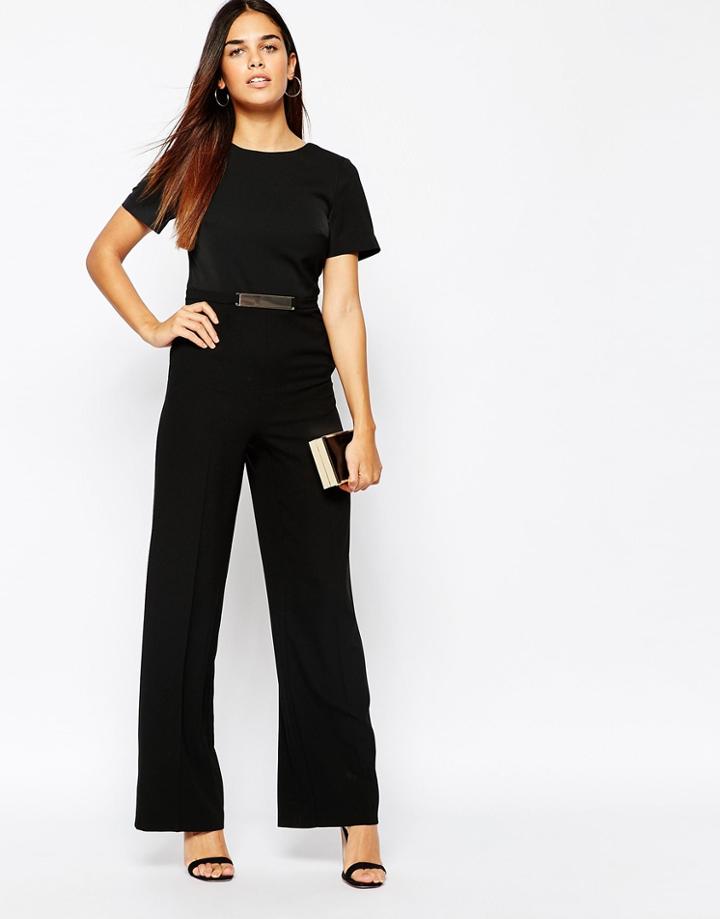 Warehouse Wide Leg Belted Detail Jumpsuit - Black