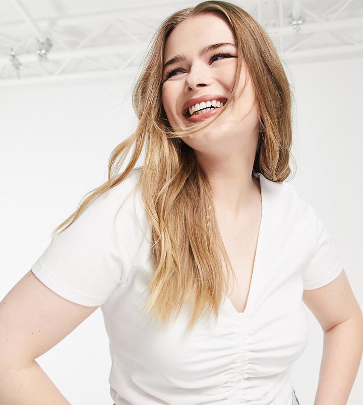 Asos Design Curve Fitted Top With Ruched Front And Tie Detail In White